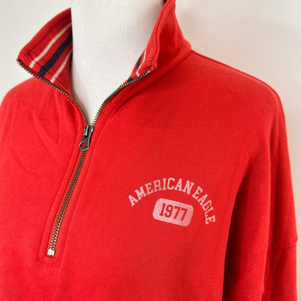 American Eagle AE 1977 Red 1/3 Zip Pullover Striped Trim Sweater Size Small - Picture 2 of 8